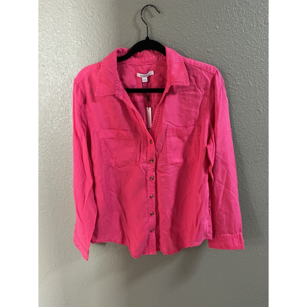 Chico's Button Down Shirt Womens 2 Pink NWT Tencel Lyocell Utility Casual